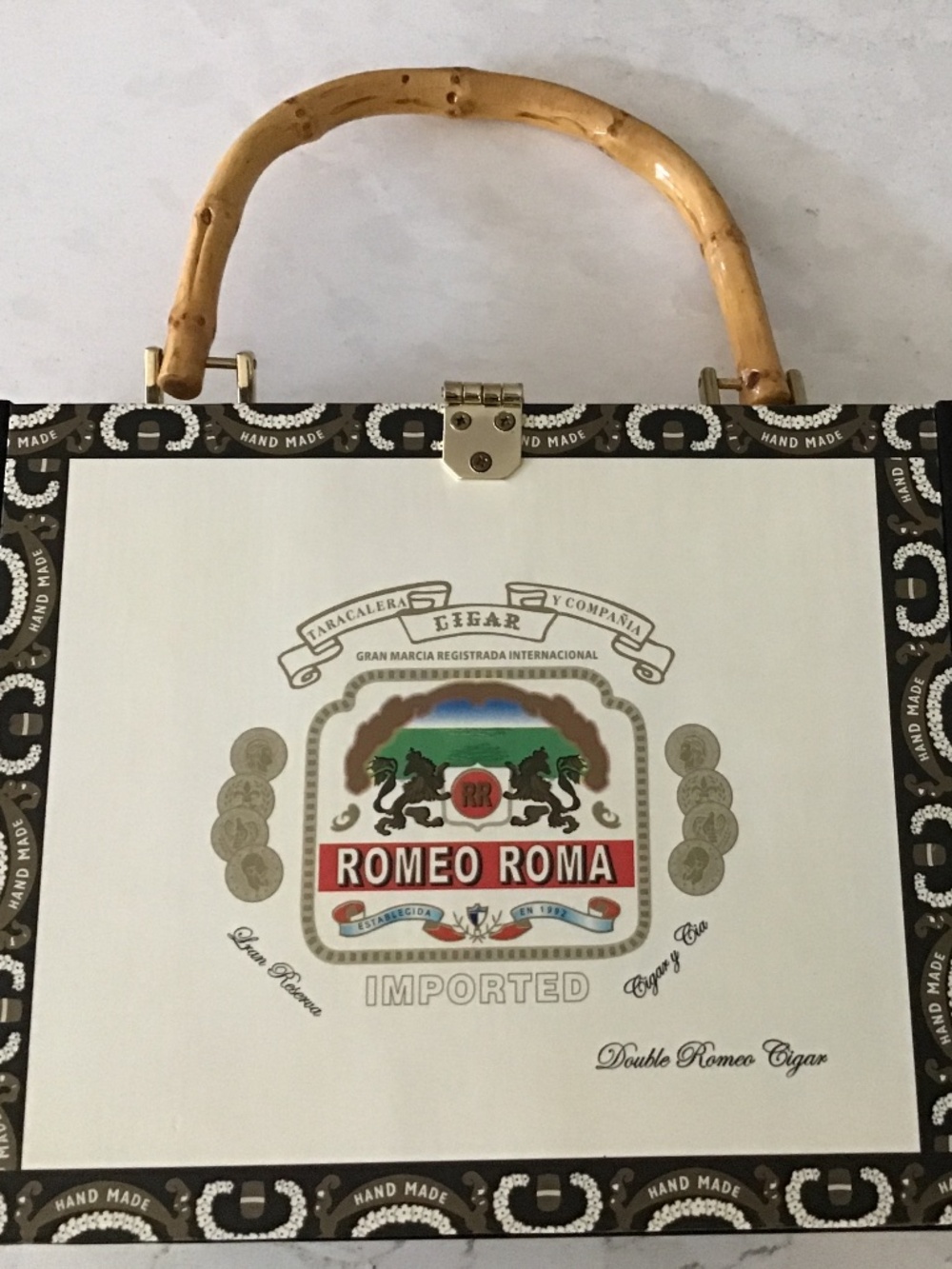 Cigar Box purse with bamboo handle, brass hardware and gingham-lined interior